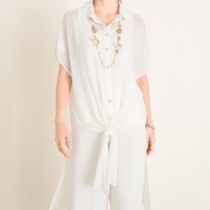 Chico's by Marla Wynne Chiffon Ivory Long Tie-Front Tunic/Duster Size M EUC
